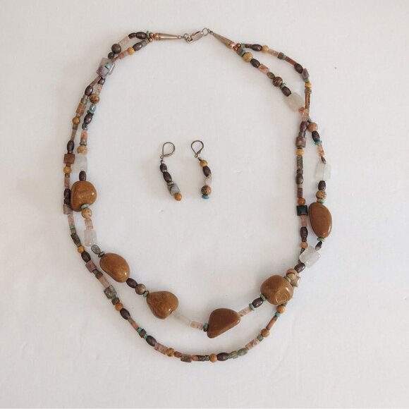 Vtg Multi Strand Heavy Stone Rock Necklace Dangle Earring Set 925 Sterling Clasp - Picture 1 of 11